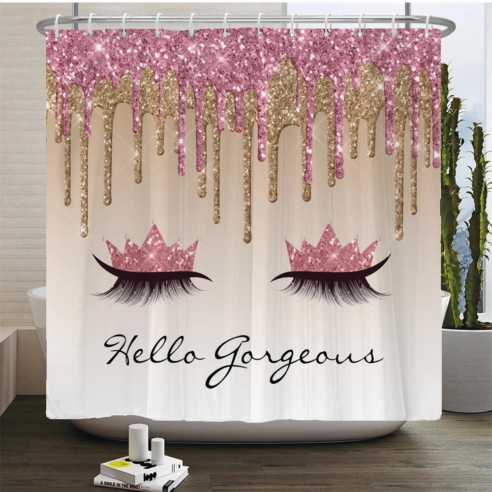 Girl Pink Silver Eyelash Shower Curtain Gorgeous Waterproof Polyester Fabric Bath Curtains Glitter Bathtub Screen with Hooks