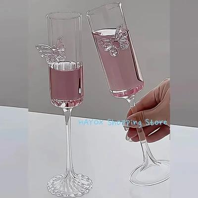 2pcs Creative Pink Butterfly Champagne Glass Korean Deluxe Tall Red Wine Glass Simple Home Sweet Wine Glass Cute Girl Gift