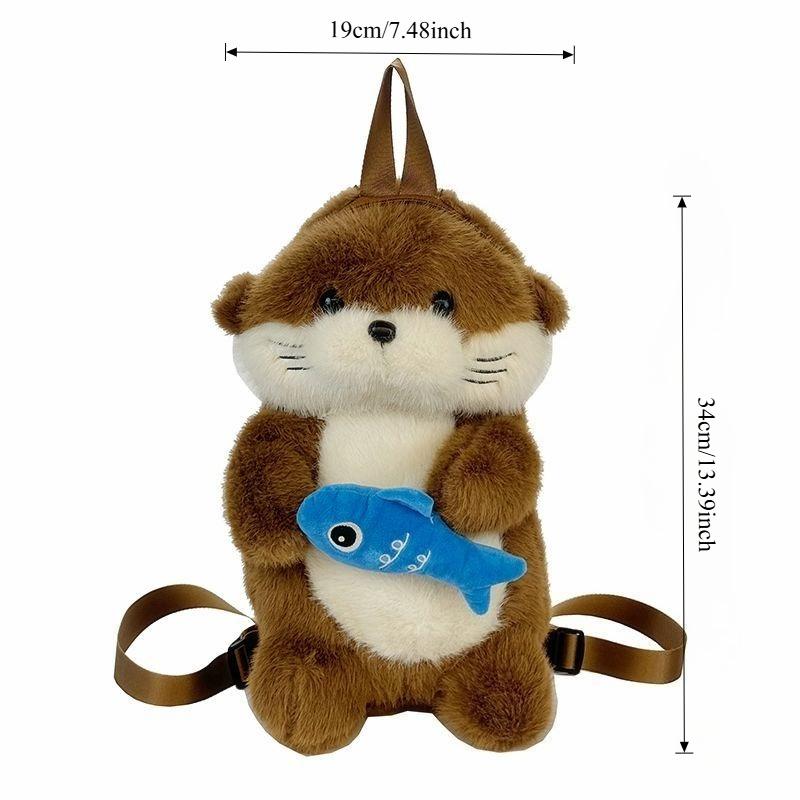 Cute Otter Holding Fish Plush Backpacks Kawaii Girls Trendy Single-Shoulder Bag Adorable Casual Student Bag For Girlfriend Gift