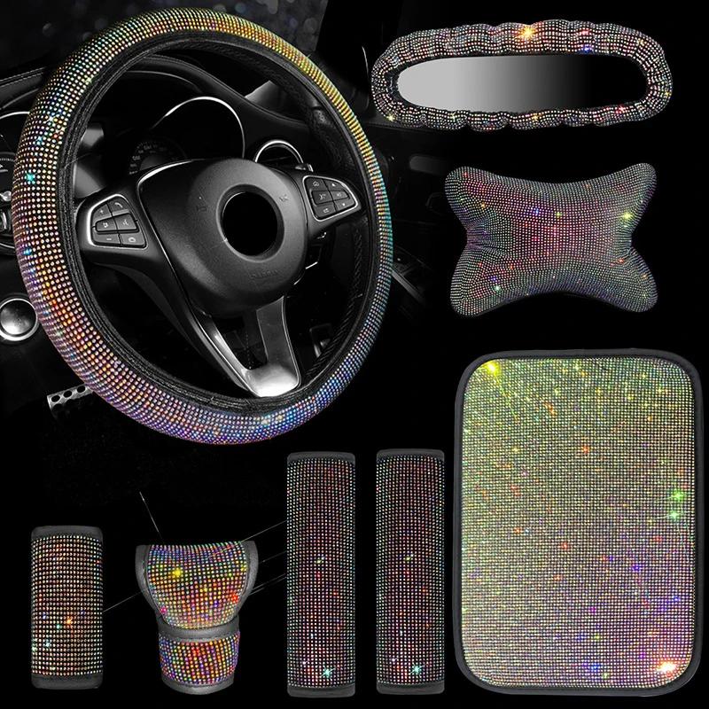8Pcs Women Car Steering Wheel Cover Armrest Mat Seat Belt Gear Shift Pull Rearview Mirror Cover Headrest Car Accessories Set
