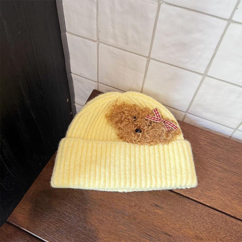 Korean Autumn and Winter Knitted Hat Cute Teddy Puppy Woolen Hat for Women  Versatile Warm and Face Friendly Small Ear Protection Hat  Pullover Hat