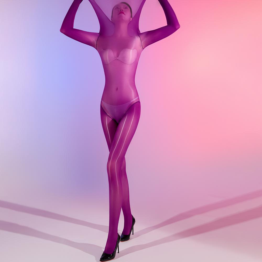 Sexy Women Cosplay Maid Tights 5D Oil Glossy Elastic Bodysuit Sheer See Through One-Piece Thong Nine Sleeve High Neck Leotard