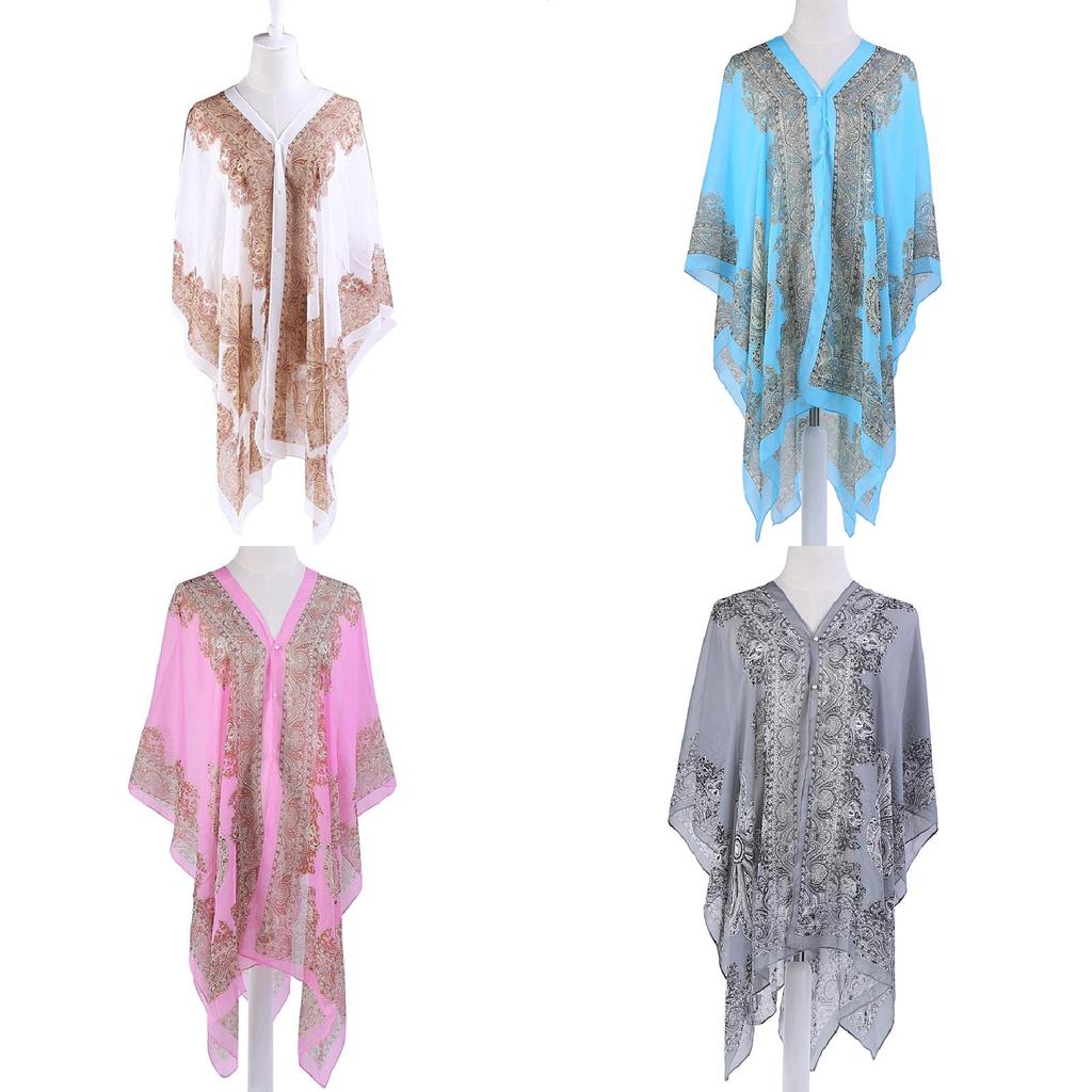 Elegant 2018 Women Chiffon Blouse Coat With Boho Floral Design For Beach Cover Up