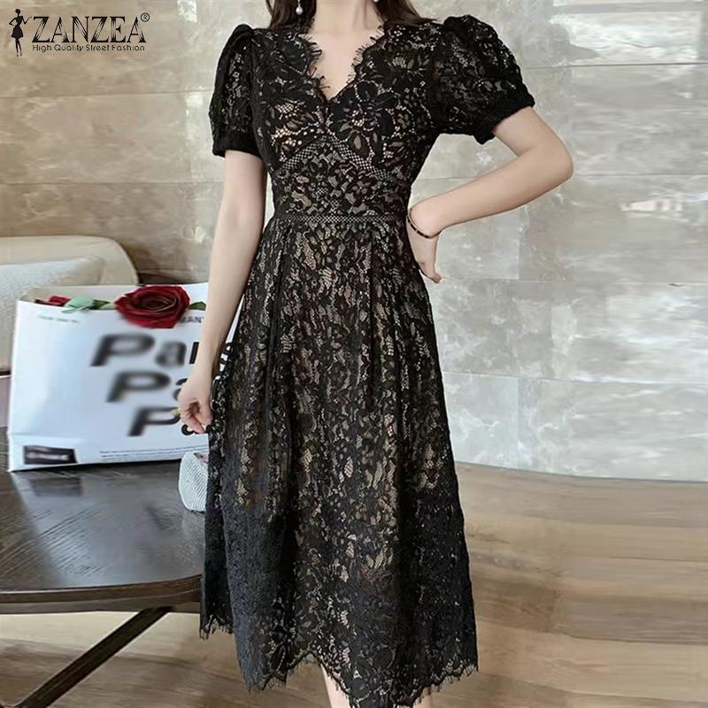 ZANZEA Women Summer V-Neck Casual Short Sleeve Patchwork Lace Dress