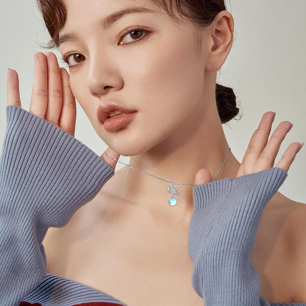 Butterfly Necklace for Women Moonstone Drop Pendant Hypoallergenic Butterfly Silver Necklace Zirconia Chain Adjuster Accessory Moonstone Jewelry for