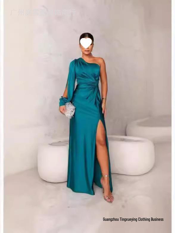 New Women's One-Shoulder Raglan Sleeve Pleated Waist Slit Sexy Long Dress