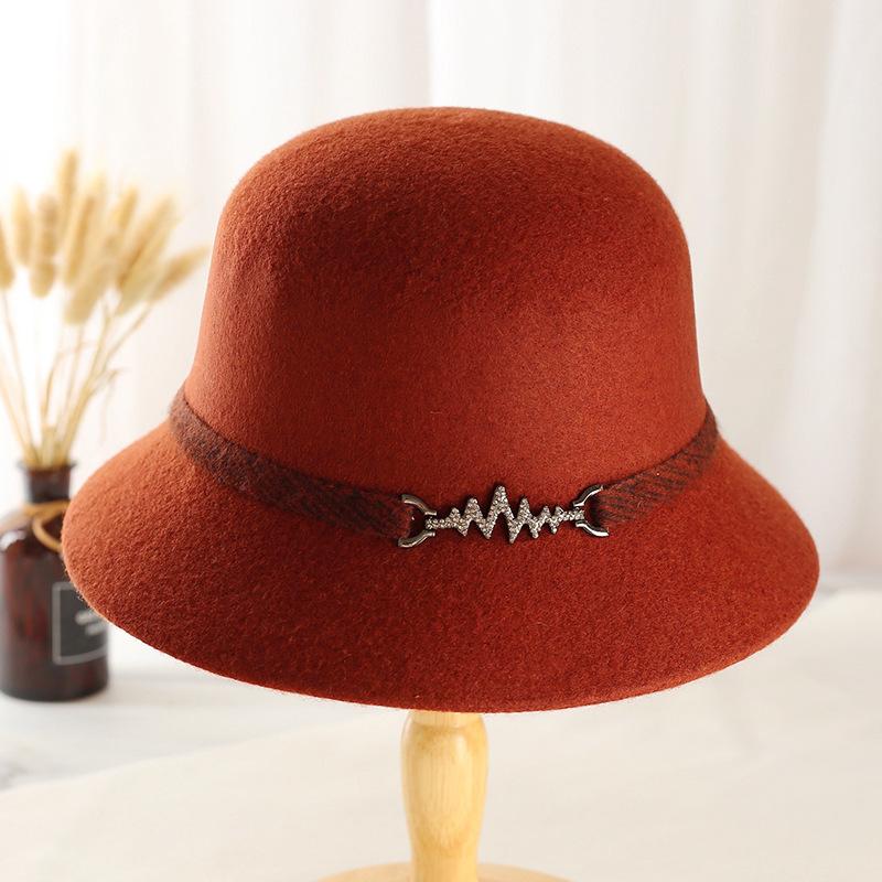 New button noble hat women's British retro dome basin hat autumn and winter short brim old wool top hat