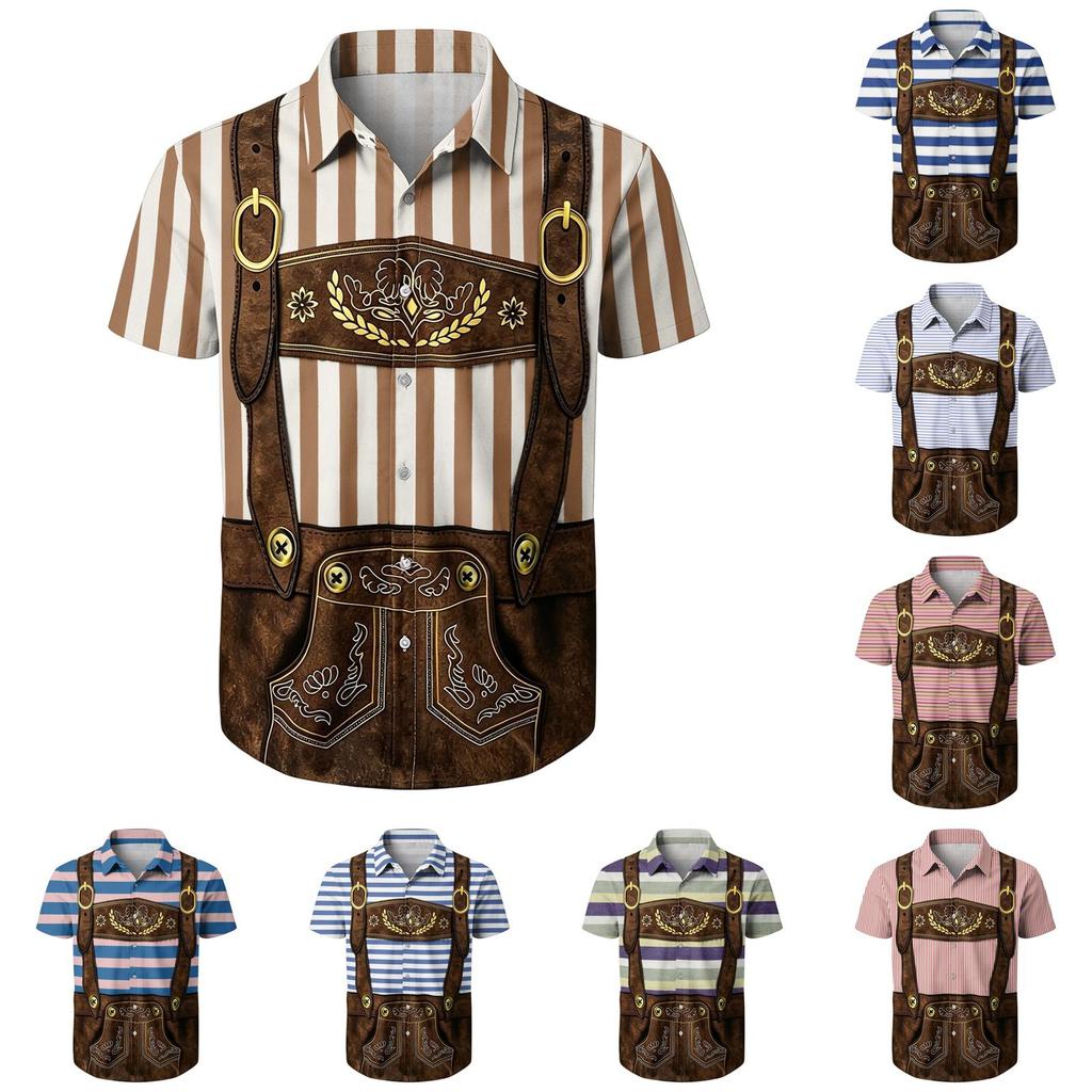 Men Short Sleeve Button Up Shirt Casual Loose Fit Festival Party Shirt with Vintage Beer Elements Print and Relaxed Open Front Design