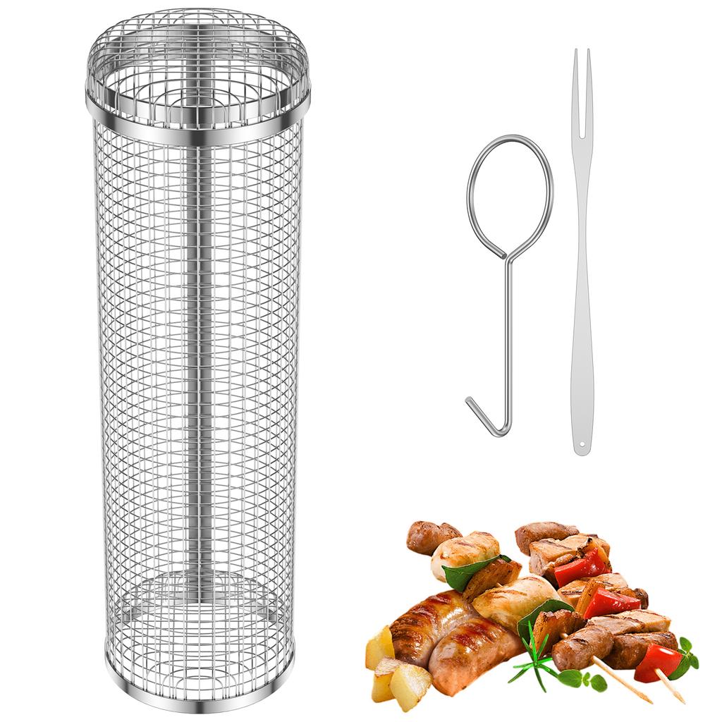 BBQ Basket Stainless Steel Rolling Grilling Basket Wire Mesh Cylinder Grill Basket Portable Round Outdoor Camping Barbecue Rack