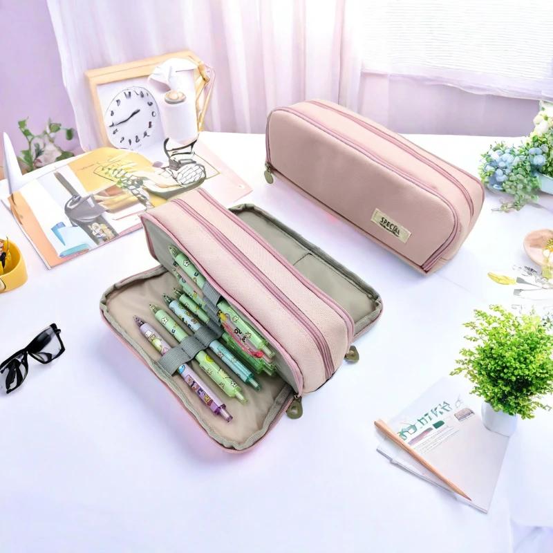 Multi Layer Student Pencil Case Large Capacity Multifunctional Storage Bag Canvas Macaron Colored Stationery Bag Pencil Case