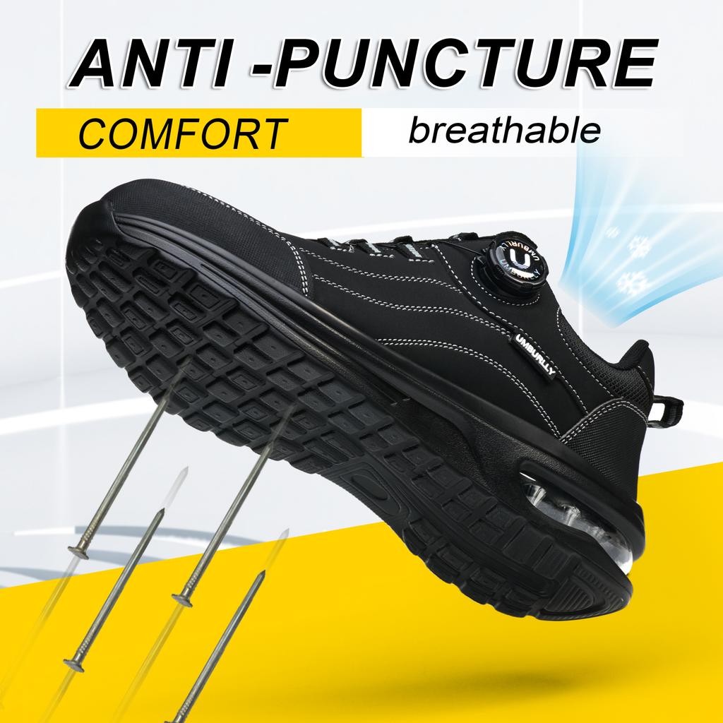 Men's Safety Work Boots Steel Toe Puncture Resistant Kevlar Midsole Air Cushion Black Button Style Industrial Construction Shoes