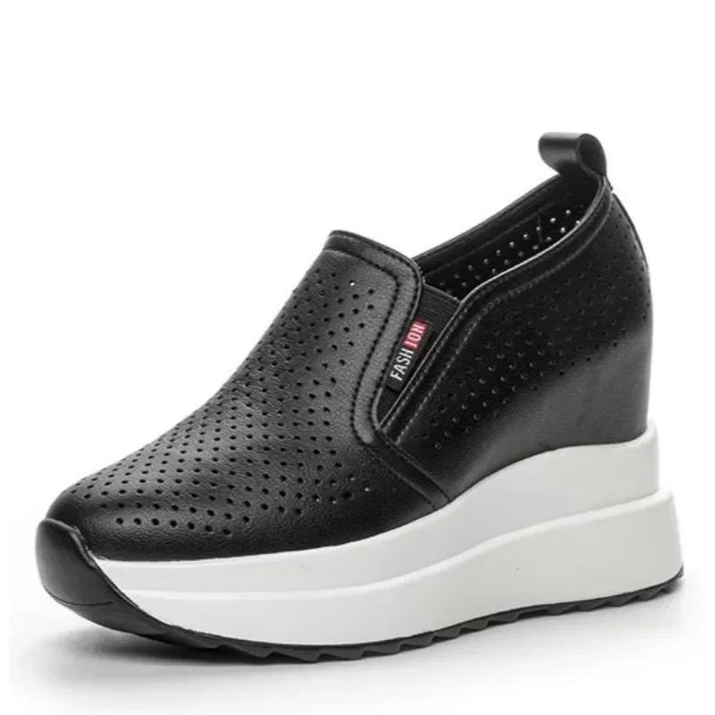 Fashion 10CM Wedge Pumps Moccasins Women Platform High Brand Sandals Genuine Leather Hollow Summer Shoes Hidden Heels Female Shoes 2024