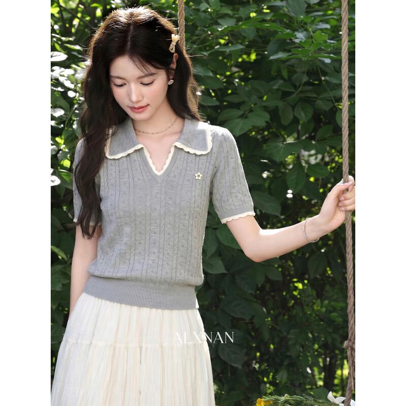 Lunanan Women s Polo Knit Short-Sleeve Top L