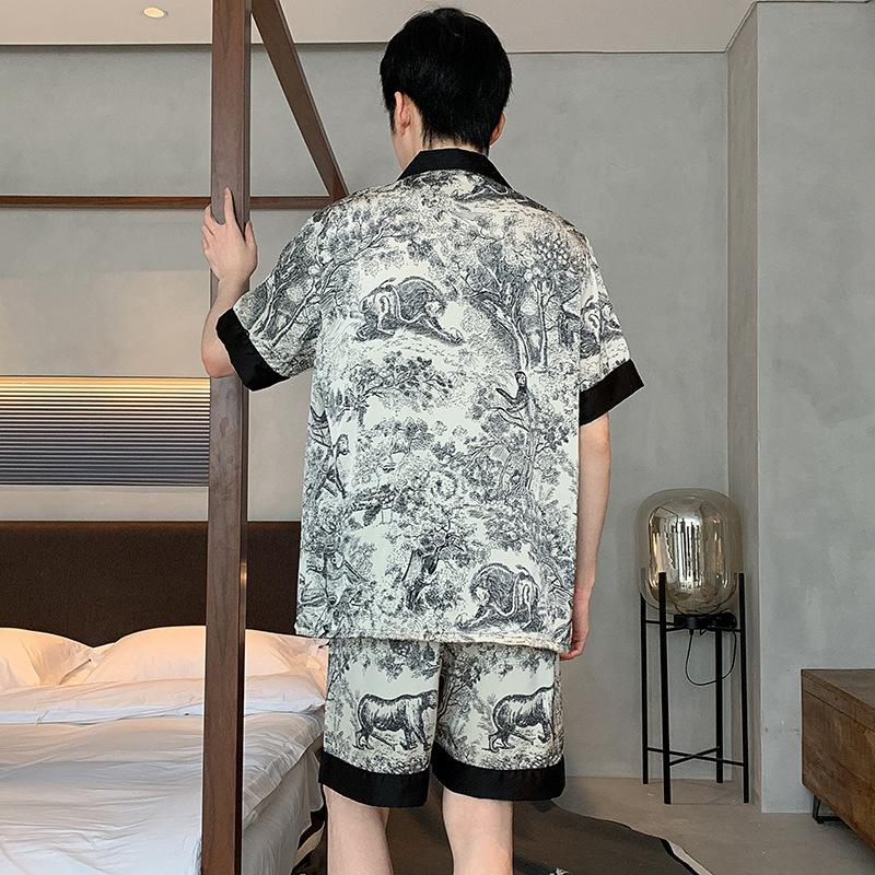 Ink Wash Painting Men Pajamas Suit Ice Silk Thin Summer Short-sleeved Satin National Style Loungewear Loose Sleepwear Male Gift