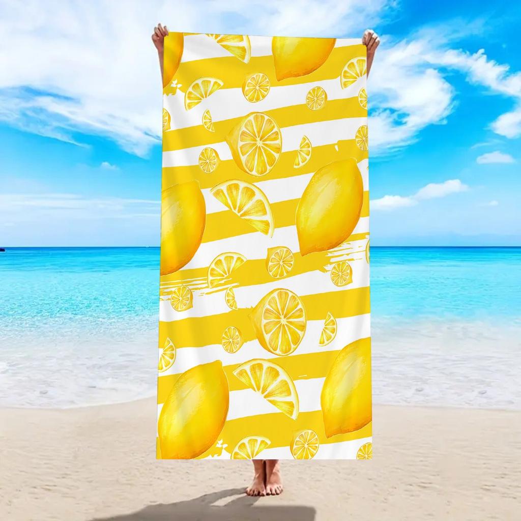 Summer Fresh Lemon Fruit Striped Beach Towel Cute Yellow Lemon Slice Print Soft Quick Dry Beach Blanket for Travel Vacation
