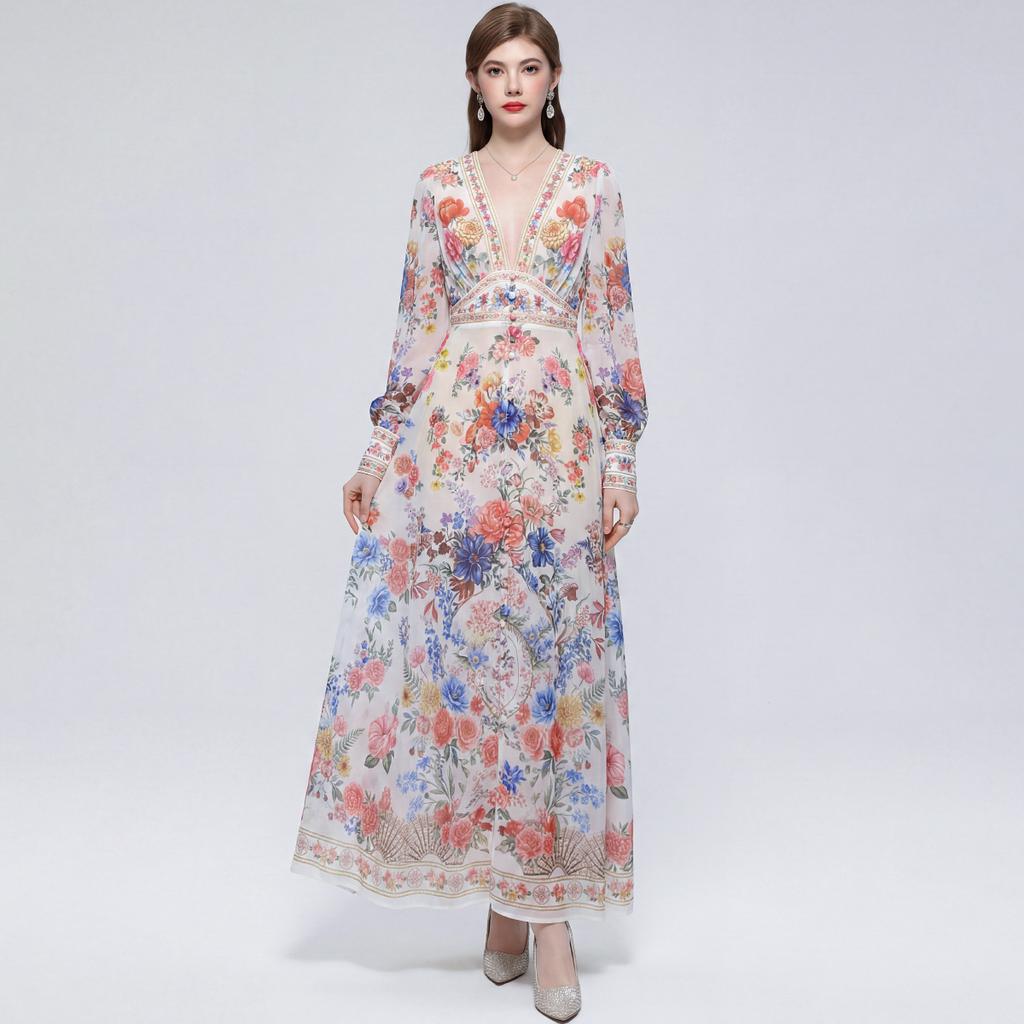 Summer Holiday Gorgeous Flower Beach Dress Women Deep V-Nek Long Sleeve Floral Print High Elastic Waist A-Line Maxi Dress