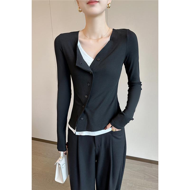 

Осень/Зима 2025 Футболка с V-образным вырезом и длинным рукавом в корейском стиле, колор-блок: Женский утягивающий шикарный топ Medium чёрный