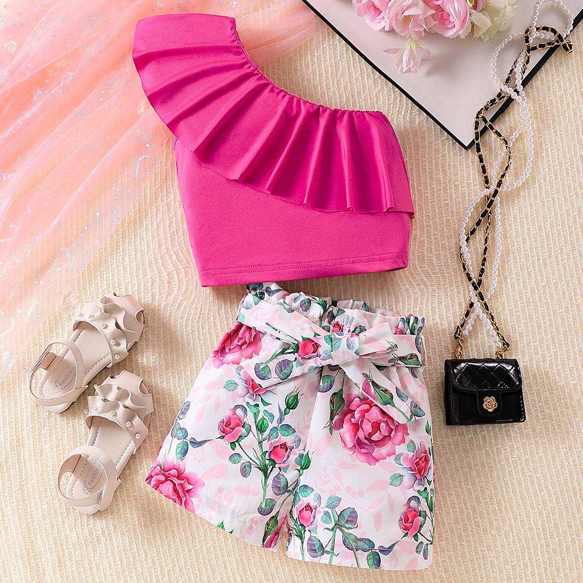 2 STUKS Kinder Meisje Kleding Set Off-Shoulder Top + Bloemen Short Met Strik Zomer Gevoel Van Ontwerp Pak Voor Kind Meisje 3-10 Jaar 130(7-8Y) pink