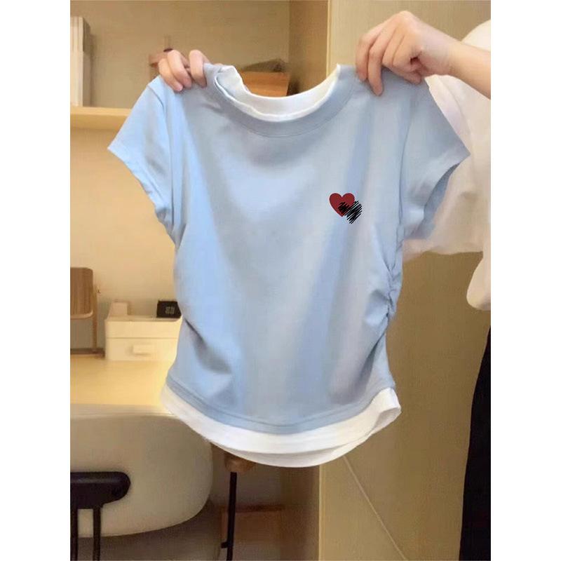 Crew neck contrasting color splicing short T-shirt women s fake two pieces design feeling pleated waist slim shoulder top spring and summer S