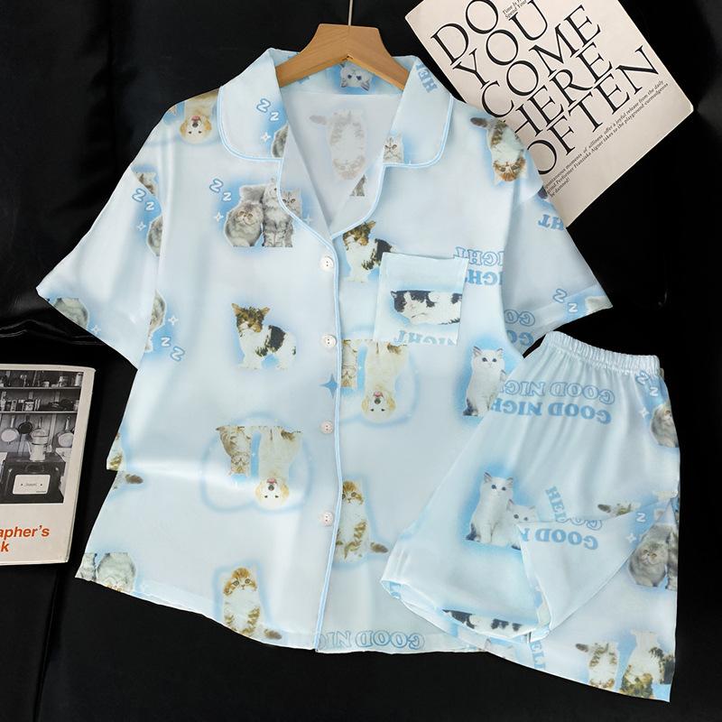 Ice Silk Pajamas Women'S Summer Short-Sleeved Cardigan Three-Piece Set Children'S Fun Cat Cartoon Loungewear