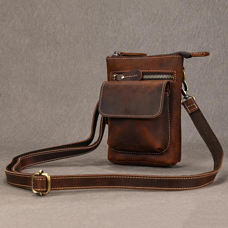 Crazy Horse Leather Men'S Fanny Pack First Layer Cowhide Belt Bag Mini Leather Mobile Phone Shoulder Crossbody Bag Mobile Phone Bag
