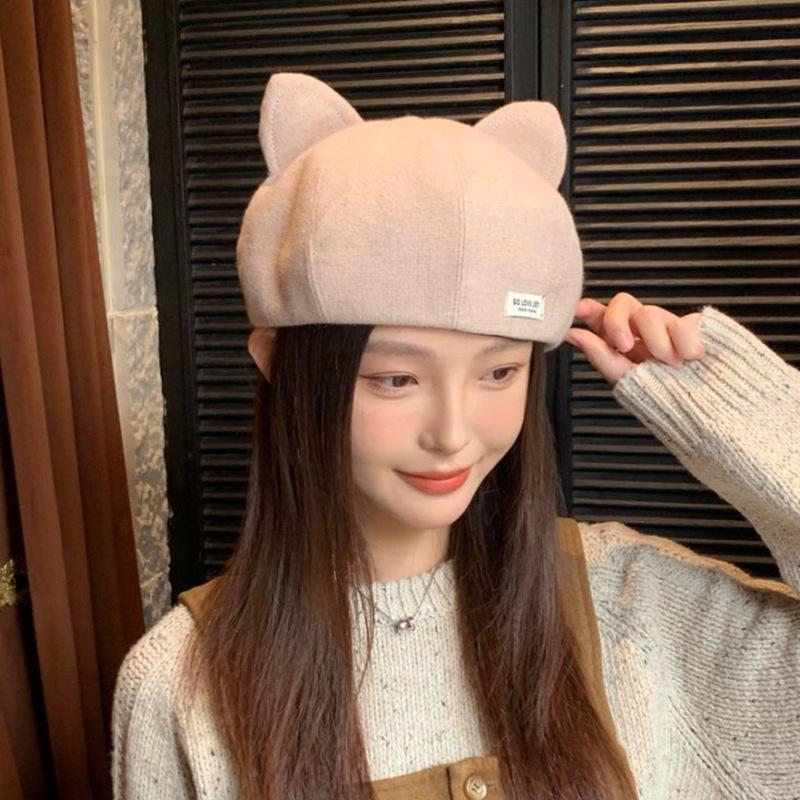 Cute Cat Ears Beret Children Spring and Autumn New Versatile Woolen Painter Hat Warm Windproof Pumpkin Hat