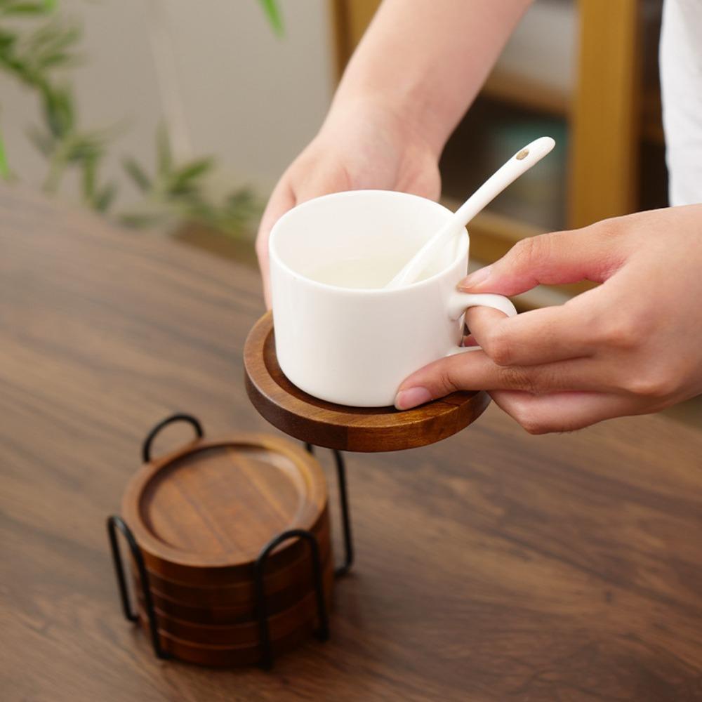 4/6pcs With Holder Wood Coasters Thickened Insulated Cup Mat Household Teacup Mat Office