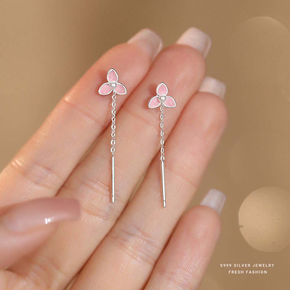 

Fashionable Sweet Drip Glue Pink Flower Tassel Earrings S999 Sterling Silver Temperament Party Wedding Jewelry Accessories серебряный