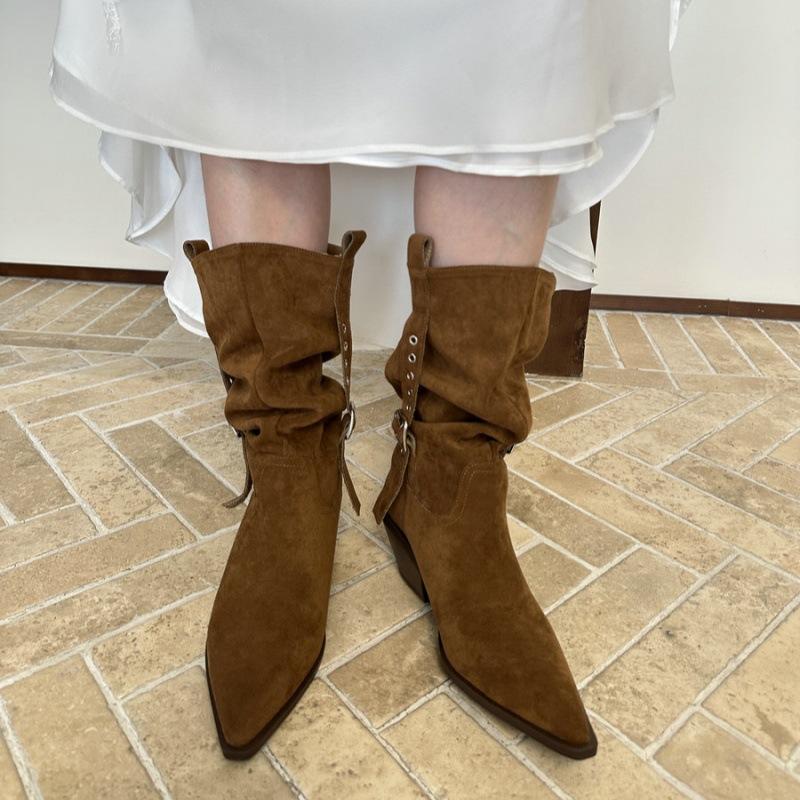 2025 new fashionable retro western cowboy boots women's pointed thick heel medium boots versatile and thin fashion short boots