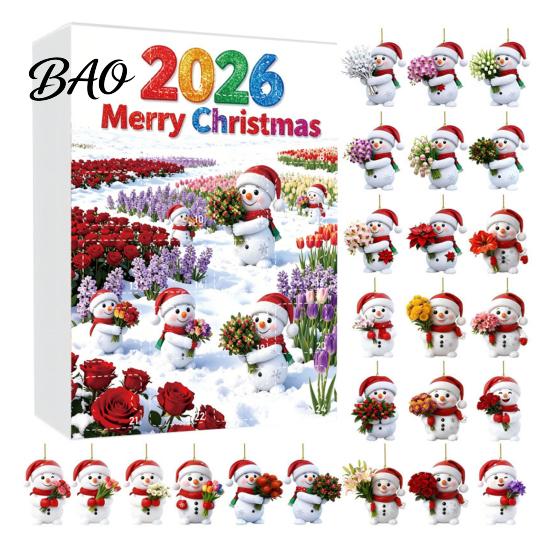 Holiday Gift Ideas Snowman Advent Calendar, 24Pcs Acrylic 2D Hanging Ornament Set Christmas Scene Decoration with Bouquet Flowers, Tree Decor,
