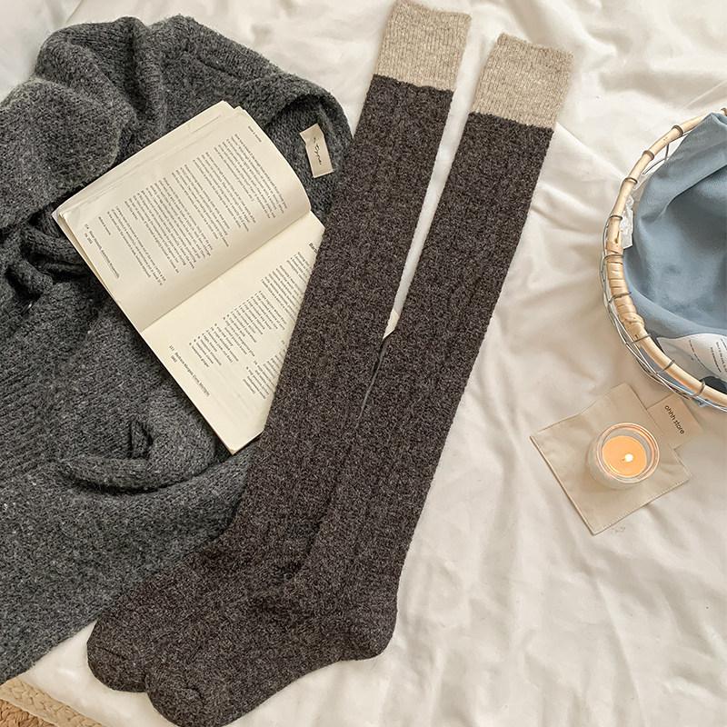 Splicing Coffee Color Thickened Knee Socks Women'S Autumn And Winter Plush Warm Plush Stockings Micro-Pressure Thin Non-Slip Thigh Socks
