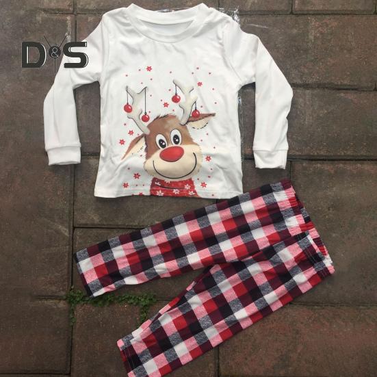 Parent-child Pajamas Elk Printing O Neck Long Sleeve Family Christmas Pajama Matching Set Children Sleepwear Top Plaid Pants Pet Coat Sleepwear