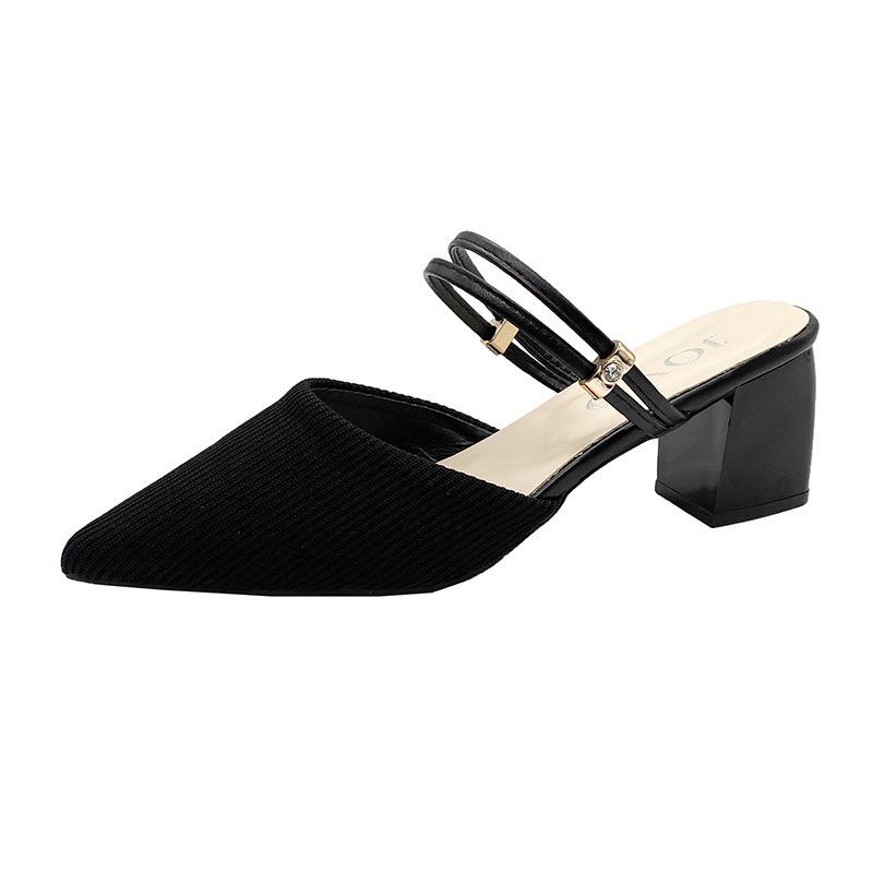 Pointed head bag head medium heel thick heel cool slippers half drag sandals women's summer 20 new cloth outer wear