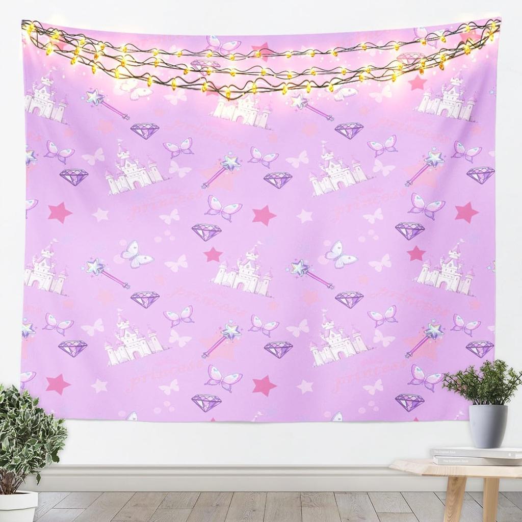 Rosa Schmetterling Wandteppich Garten Wandkunst Lila Blaue Schmetterlinge Druck Wandbehang Decke für Wohnzimmer Schlafzimmer Kawaii Rosa