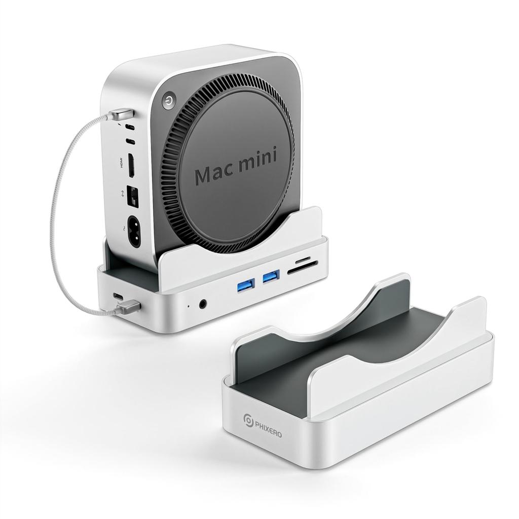 Phixero Mac mini M4 NVMe SSD Aluminum Stand 10Gbps Design Dock, Case, 6-in-1 Hub, USB-A, SD/TF Reader, Space-Saving