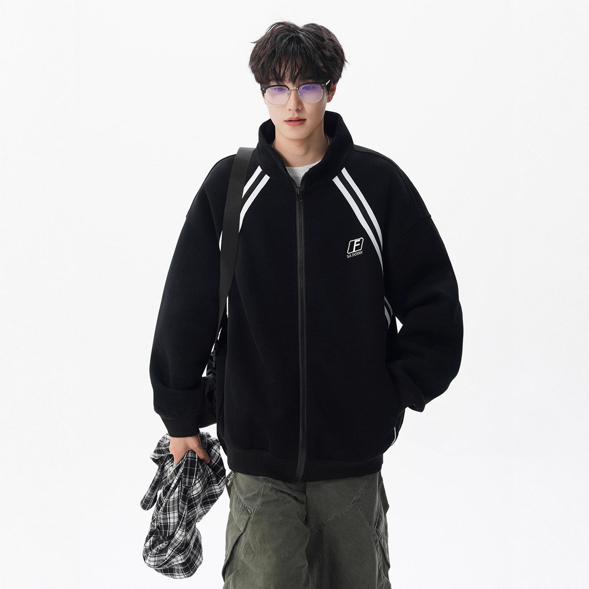 

Куртка со стойкой воротником Куртка Мужская и Женская Осень и Зима Кардиган Свитер Свободный Сплайсинг Бейсбольная Джерси XXXL чёрный