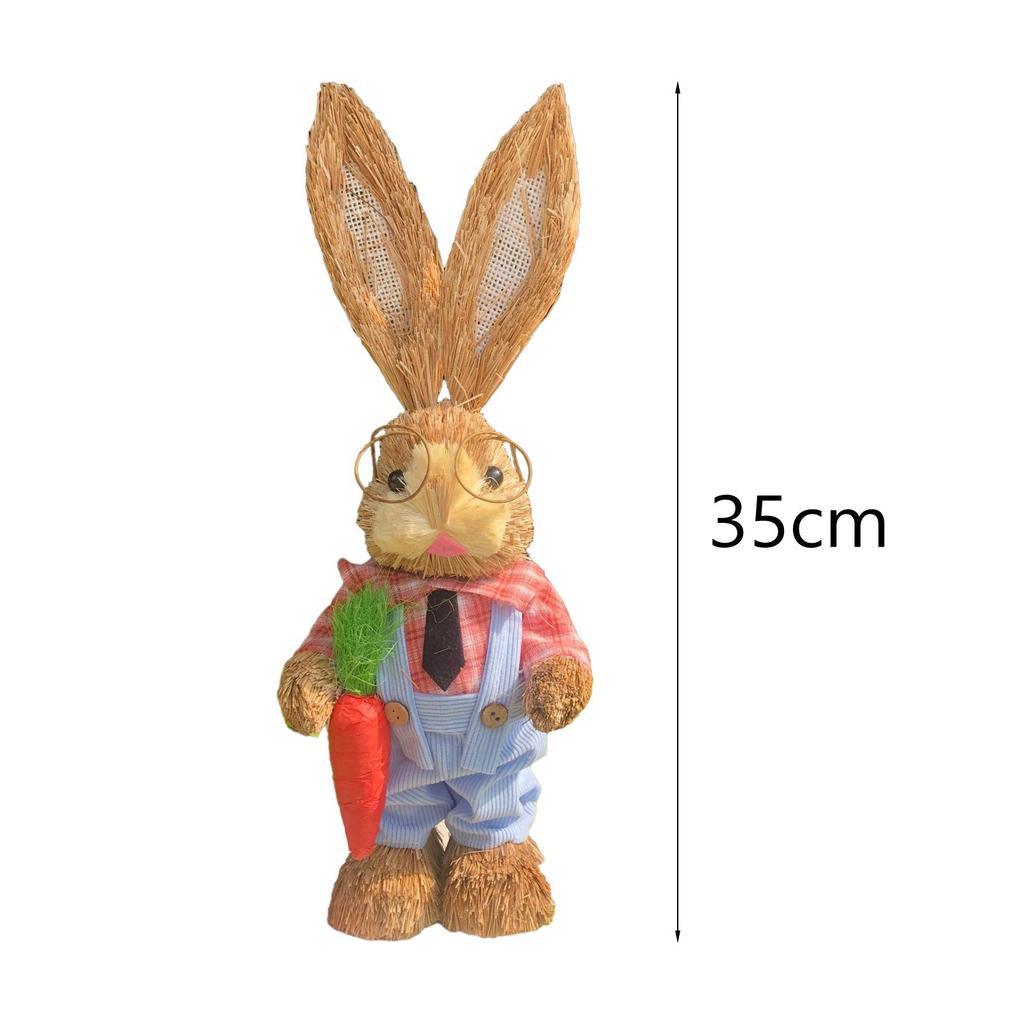 Easter Bunny Figurine Easter Decoration Cute Decorative Straw Rabbit Statue for Desk Patio Balcony Cabinet Indoor Outdoor