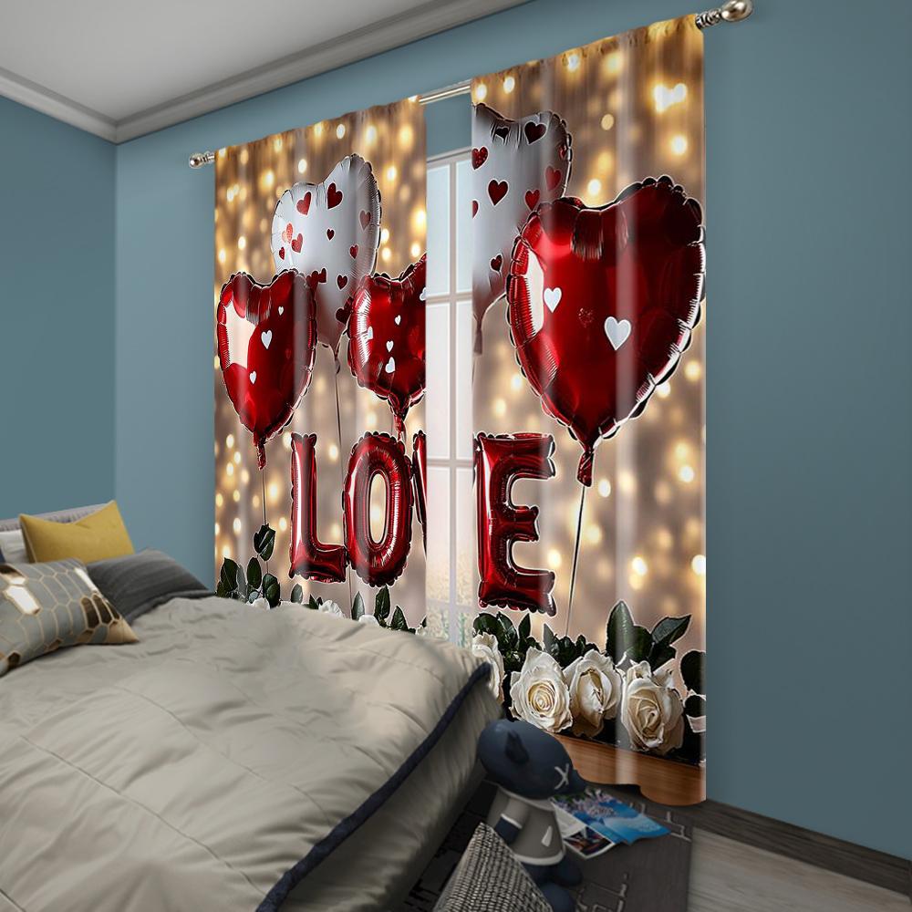 2pc,  Window Curtains Valentine's Day Truck Background Romantic Love Balloons Versatile Fabric,Without Electricity Festive