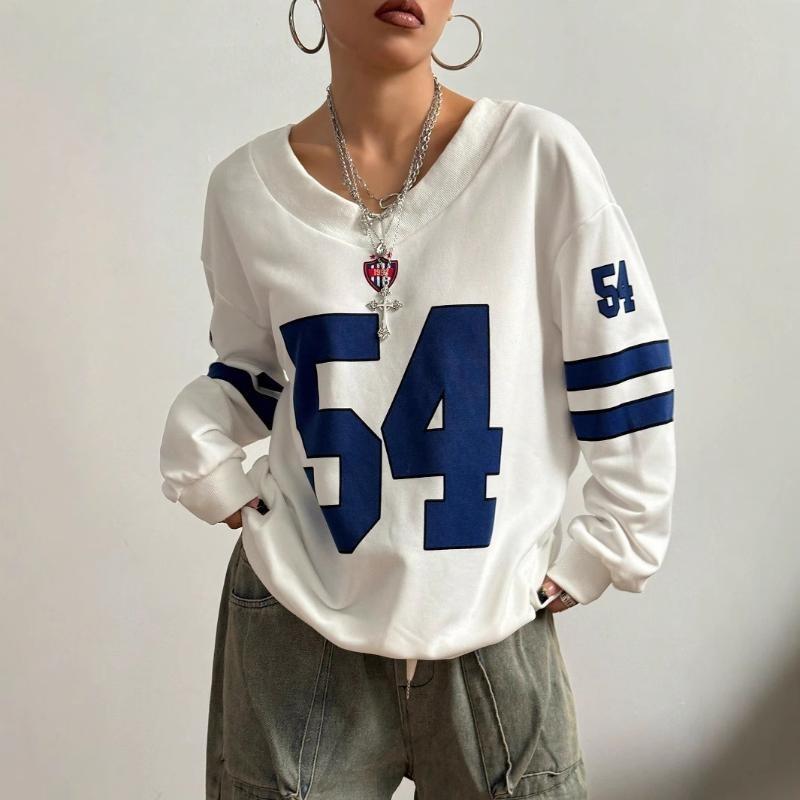 Dam Ny Amerikansk Retro V-ringad Lös Sportstil Sweatshirt