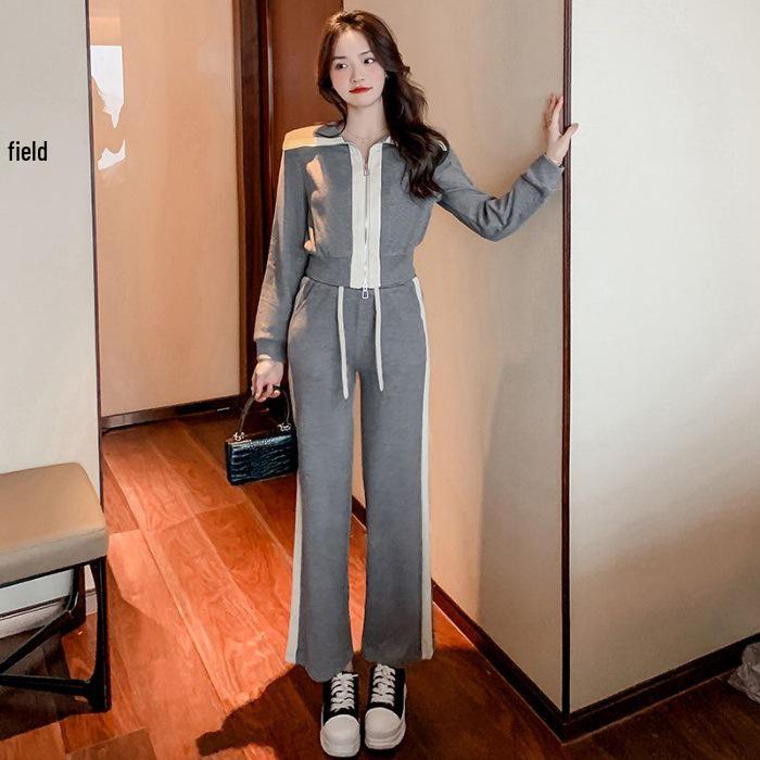 

Women s Casual Autumn Sports Suit: Stylish Jacket & Wide-Leg Pants Set 2XL