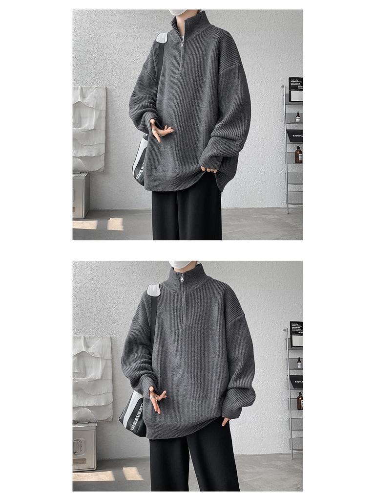 Men's Plus Size Casual Loose Knit Half-Zip High-Neck Pullover Sweater for Autumn and Winter