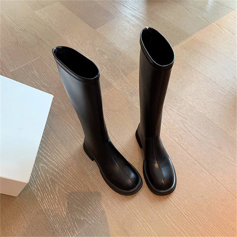 Strong Push~! Huge and Thin! Ins Retro Brown Round Head Thick Sole Medium Heel High Boots Elastic Thin Boots Long Boots