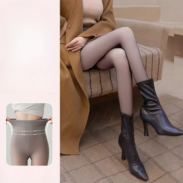 Autumn Winter Women's Fake Sheer Flesh Thickened See-Through Fleece Lined High Waist Black Pantyhose with Letter Print Bare Leg Effect