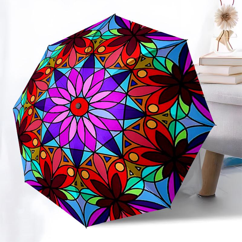 

1pc Colorful Mandala Pattern Automatic Folding Umbrella with 3-Fold Design, Iron Frame, Outdoor Rain Protection, Festival Gift for Fans, Travelers, Da
