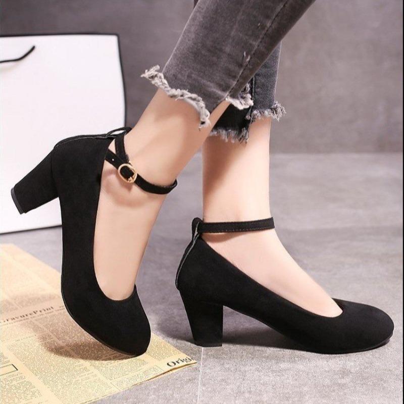 Women'S High Heels Round Toe New Pink Woman Shoes Elegant and Comfortable Ladies Thick Heel One Word Buckle Fashion Shoes