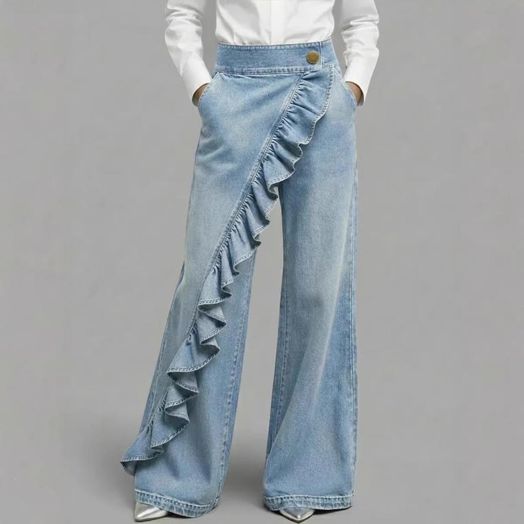 Pantaloni Larghi a Vita Media da Donna con Decorazione a Volant Stile Retro Vestibilità Larga Jeans Casual per Uso Quotidiano