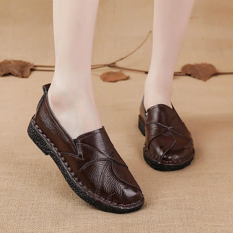 New Flat Women's Shoes Genuine Leather Casual Color-blocking Women's Singles Shoes Middle Mother's Shoes Large Size Shoes