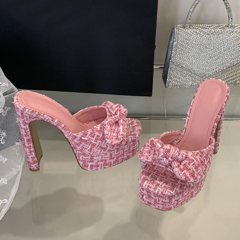 Fashion Liyke Fashion Pink Cloth Bowknot Designer Sandal Square Toe Super High Heels Platform Slippers Women Summer Party Banquet Shoes