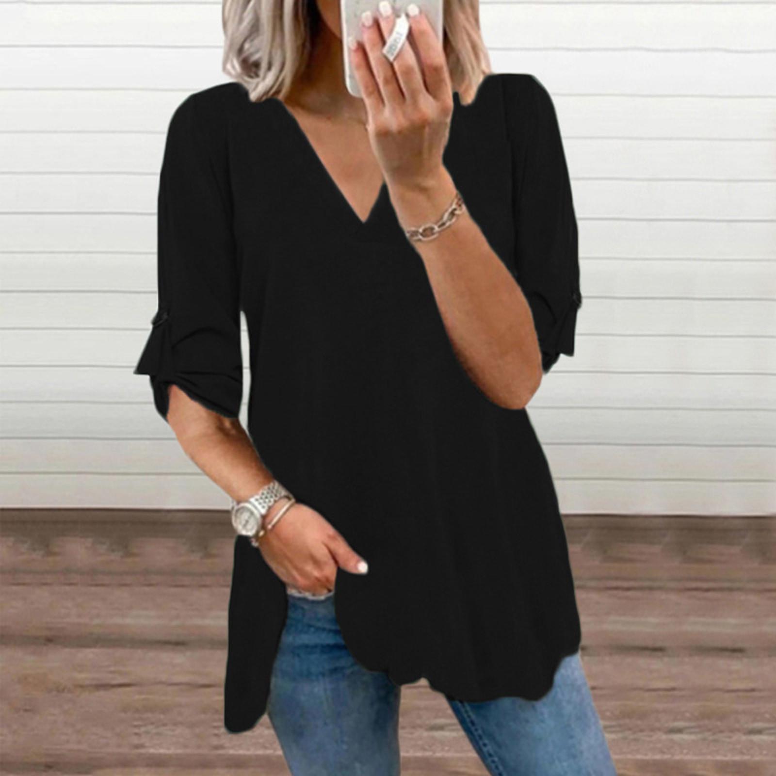 Fashion Women’s Causal Color V-Neck Long Sleeve Chiffon Shirt Blouse Tops XL чёрный