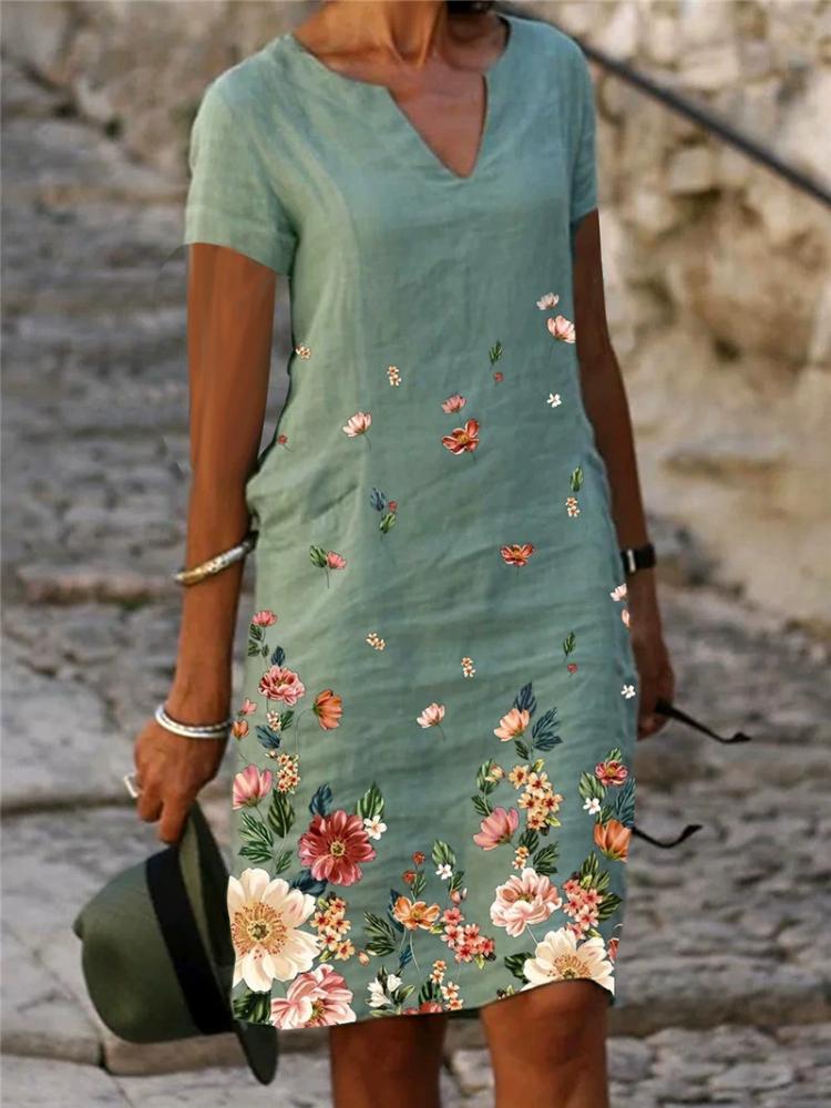 New Flower Printed Cotton Linen Short Sleeved Medium To Long V-neck Dress